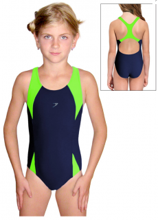 Dívčí sportovní plavky jednodílné PD624 tmavě modrá s reflexní zelenou